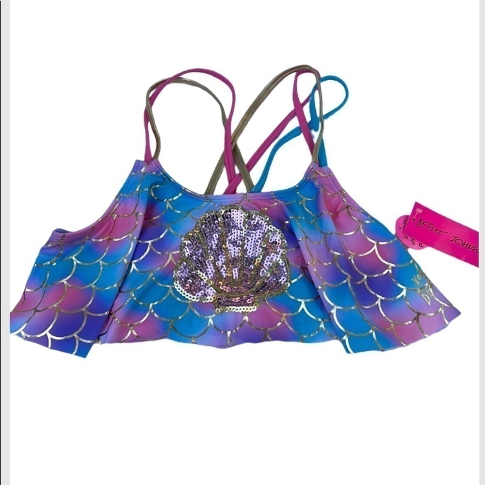 Betsey Johnson Gold Leme Mermaid Bikini Top Sequined Seashell GIRLS XL 14 NEW